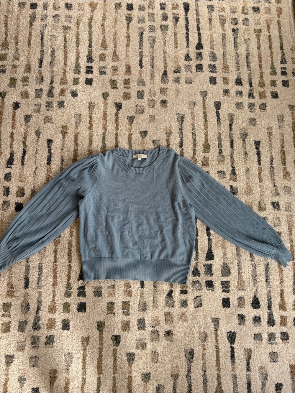 LOFT Dusty Blue Crewneck light Sweater with Ribbed Balloon Sleeves
